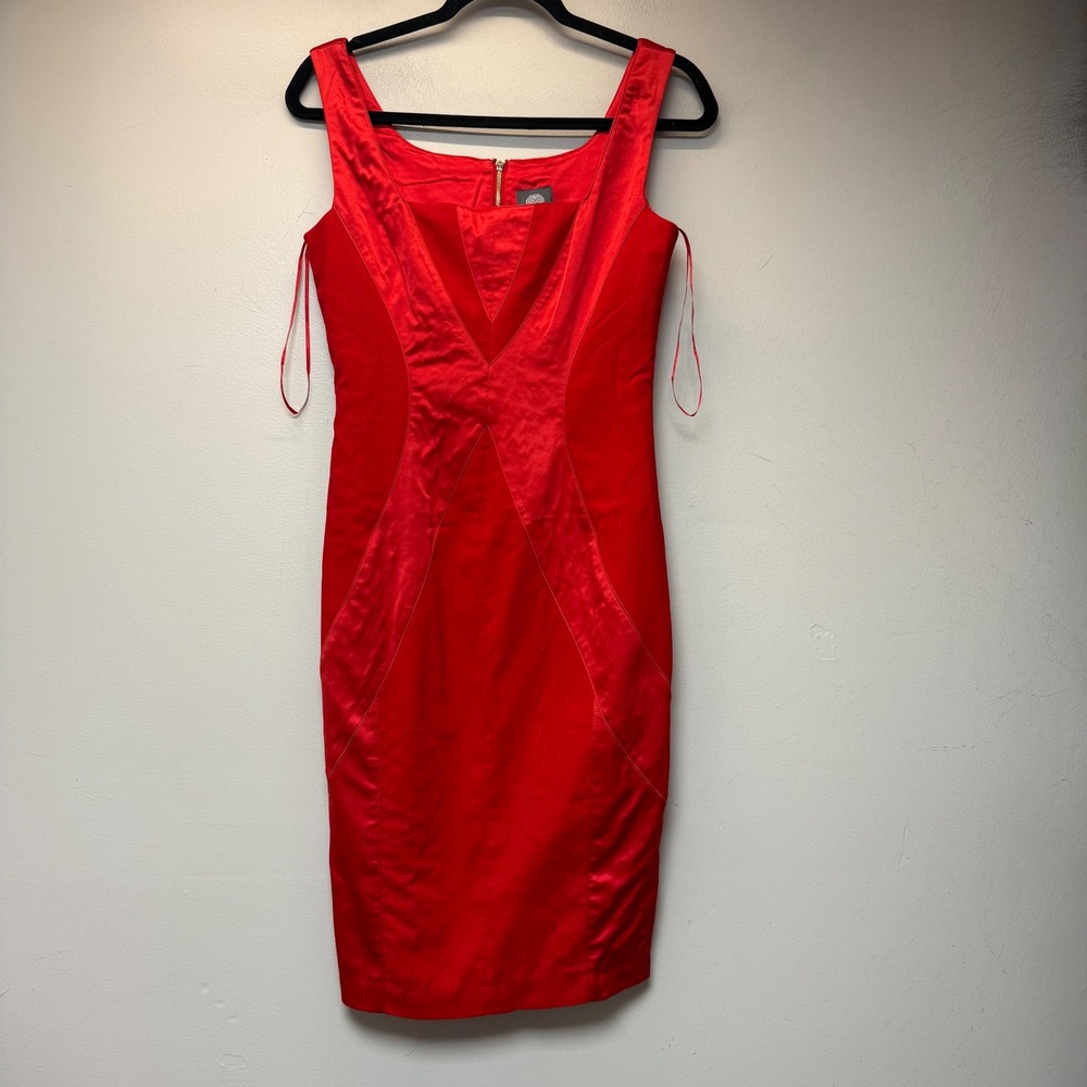 Vince Camuto Sheath Dress Womens 4 Red Excellent Satin Panel Back Zip Bodycon